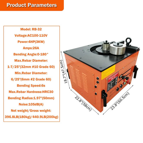 Heavy Duty Electric Rebar Bender With Smart Foot Pedal 3000W Machine features detailed specifications and dimensions.