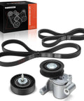 Serpentine Belt Drive Kit For Ford Escape Focus And Transit Connect 2013 2018 2.0L 2.3L 2.5L With Tensioner And Idler Pulleys Plus Replacement Belts DIY Ready To Install Two Belts Included on display with components and packaging