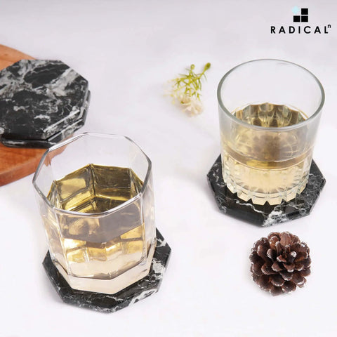 Slick Black Star Marble Coasters Set Of Six Natural Polished Stone Drink Guards For Coffee And Dining Tables with glasses