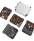 187 Piece Tool Set With Lockable Toolbox, Chrome Plated Carbon Steel Hand Tools Kit for home repair and DIY projects, displayed with open trays.