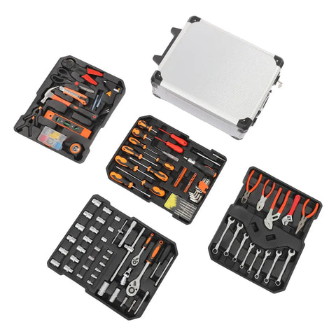 187 Piece Tool Set With Lockable Toolbox, Chrome Plated Carbon Steel Hand Tools Kit for home repair and DIY projects, displayed with open trays.