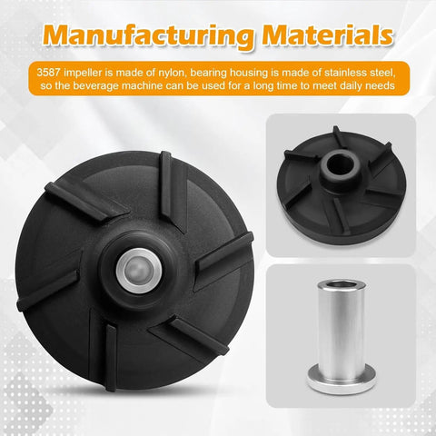 Three Pack Magnetic Impeller With 3220 Bearing Housing For D15 D155 D25 D255 D35 D355 Beverage Dispensers Replacement Parts Set Durable High Performance Easy Install For Commercial Coffee Stations; nylon impeller and stainless steel bearing housing
