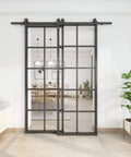 Bypass Double Glass Barn Door Kit With 6.6 Ft Hardware, 72 Inch By 84 Inch Clear Tempered Glass Panels In An Aluminum Frame, installed