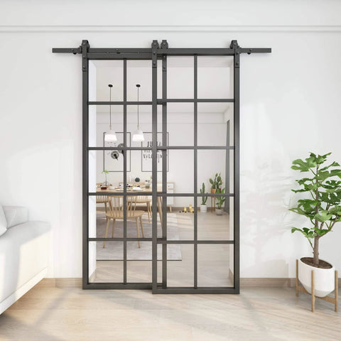 Bypass Double Glass Barn Door Kit With 6.6 Ft Hardware, 72 Inch By 84 Inch Clear Tempered Glass Panels In An Aluminum Frame, installed
