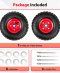 Image of a 4.10/3.50-4 Tire And Wheel Set with 10 inch air filled wheels and accessories for hand trucks and utility carts.