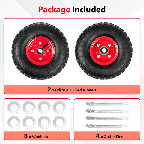 Image of a 4.10/3.50-4 Tire And Wheel Set with 10 inch air filled wheels and accessories for hand trucks and utility carts.