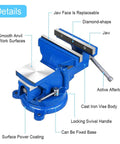 Heavy Duty 5 Inch Vise With 360 Degree Swivel Base And Anvil Clamp, Built Like A Tank, Cast Steel Construction, Table Clamp Woodworking Vice For Drilling, Pipe Cutting, And Woodworking Jobs, Blue, cast iron body