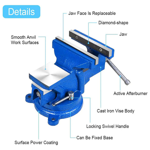 Heavy Duty 5 Inch Vise With 360 Degree Swivel Base And Anvil Clamp, Built Like A Tank, Cast Steel Construction, Table Clamp Woodworking Vice For Drilling, Pipe Cutting, And Woodworking Jobs, Blue, cast iron body