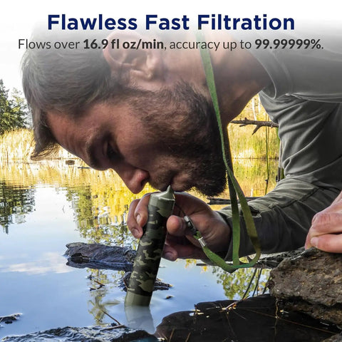 User sipping from No Sweat Premium Grade Personal Water Filter Straw Camo by a pond during outdoor activity.