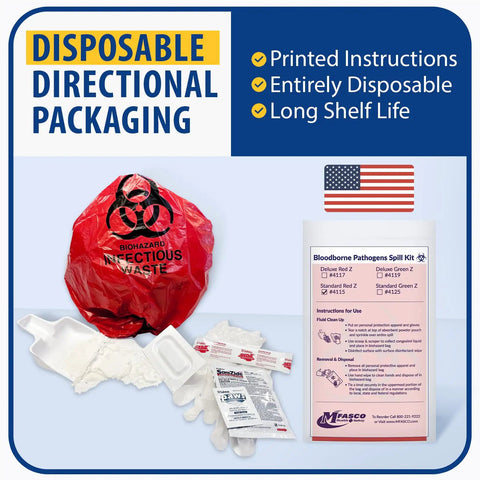 Top Tier Blood Spill Kit And Bodily Fluid Cleanup Set Featuring Heavy Duty Absorbent Powder Straight Up Go To Biohazard Safety Gear image with red biohazard bag and gloves.