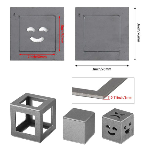 24 Pcs Welding Coupons 3x3 And 2x2 Inch 11 Gauge Mild Steel Practice Cubes For TIG MIG Arc Stick Welding Training Kit shown with dimensions and design details