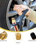 Heavy Duty Brass Air Compressor Adapter 2 Pack 1/4 Inch Npt Male To Standard Schrader Valve With Zero Drip Sealing Caps fitted to tire valve