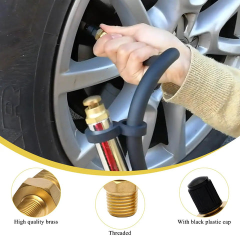 Heavy Duty Brass Air Compressor Adapter 2 Pack 1/4 Inch Npt Male To Standard Schrader Valve With Zero Drip Sealing Caps fitted to tire valve