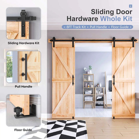 Heavy Duty 8 Foot Double Sliding Barn Door Track And Handle Kit Gliding Smooth As Butter With Precision Ball Bearings And Rugged Black Coating For A Total No Sweat Install, featuring track and pull handle.