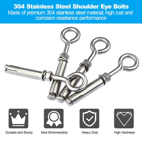 304 stainless steel shoulder eye bolts with nuts, rustproof for masonry. Built Tough Heavy Duty M6 Eyebolts Set In Stainless Steel, 10 pack.