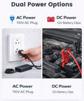 Dual power options for Heavy Duty Electric Drum Pump For DEF And Diesel, showing 110V AC plug and 12V battery clips.