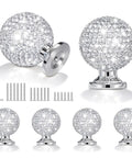 Six Pack White Sphere Drawer Knobs Featuring Dazzling Glass Rhinestones And A Sleek Premium Silver Finish To Level Up Your Kitchen Drawers And Bedroom Vanities, displaying sparkling glass knobs.