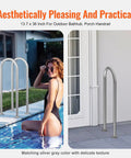 Premium Aluminum Dock Boarding Handrail And Swimming Pool Railing With Rustproof Base Plate For Decks And Boats Giving Tough As Nails Support And Slick Anodized Build For Real Deal Waterfront Safety Measuring Thirty Six Inches Long, shown near a pool and porch.
