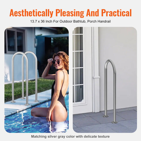 Premium Aluminum Dock Boarding Handrail And Swimming Pool Railing With Rustproof Base Plate For Decks And Boats Giving Tough As Nails Support And Slick Anodized Build For Real Deal Waterfront Safety Measuring Thirty Six Inches Long, shown near a pool and porch.