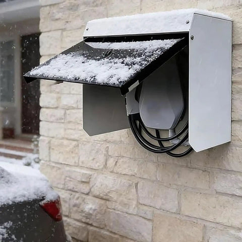 Hella Durable Universal Outdoor EV Charger Cover With All Season Weatherproof Magnetic Protector For Electric Vehicle Plug In Rain Snow Weather Housing Guard on a snowy wall