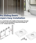 Glass Shower Door Bumpers For Sliding Doors With Screws, Wall Jamb Stopper Replacement Parts For Shower Enclosures, clear bumpers shown with screws, installation diagram visible