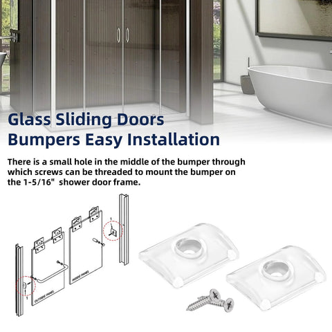 Glass Shower Door Bumpers For Sliding Doors With Screws, Wall Jamb Stopper Replacement Parts For Shower Enclosures, clear bumpers shown with screws, installation diagram visible