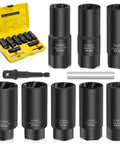 Deep Lug Nut Remover Set 10 Piece Spiral Type Heavy Duty Half Inch Drive Impact Wheel Lock Removal Kit on display