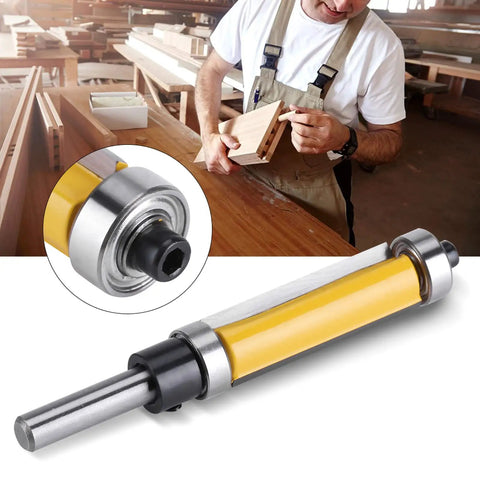 FTVOGUE Flush Trim Router Bit With Top And Bottom Bearings For 1/4 Inch Shank held by a DIY pro in a workshop.
