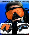 Adult Snorkel Diving Mask With Nose Cover For Men Women Teens Anti Fog Waterproof 180 Degree Clear Wide View Mirrored Orange Lenses