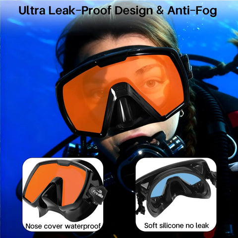 Adult Snorkel Diving Mask With Nose Cover For Men Women Teens Anti Fog Waterproof 180 Degree Clear Wide View Mirrored Orange Lenses