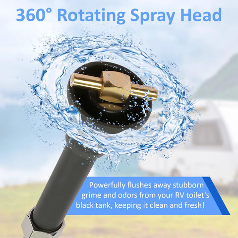 RV black tank cleaning wand with brass 360° rotating spray head and black hose