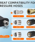 Heavy Duty Pressure Washer Short Gun With Swivel, 5000 PSI 10.5 GPM, hose fittings compatibility, adapters shown
