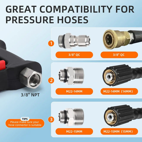 Heavy Duty Pressure Washer Short Gun With Swivel, 5000 PSI 10.5 GPM, hose fittings compatibility, adapters shown