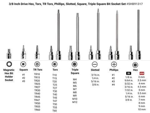 3/8 Inch Drive Bit Socket Set With Standard And Long Hex Bits Torx And TR Torx Phillips Slotted Square And Triple Square Sockets In Protective Case 110-Piece Auto Home DIY Essential Kit showing various bit types and sizes.