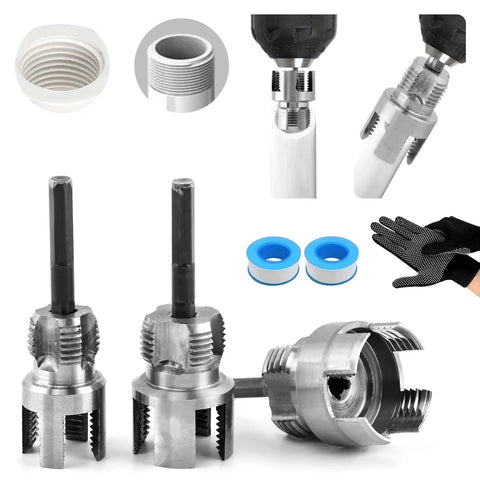 3 Piece Pvc Pipe Threader Kit Carbon Steel Integrated Internal External Threading Tool For 1/2 Inch 3 4 Inch And 1 Inch Plastic Pipes with gloves and sealant tape