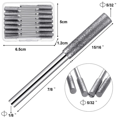 30 Pcs Chainsaw Sharpener Stone Bits Kit With Storage Box Five Thirty Second Inch High Hardness Titanium Diamond For Electric Chainsaw Chain Sharpening Wheels Heavy Duty Pro Grade Grinding Heads displayed with measurements.