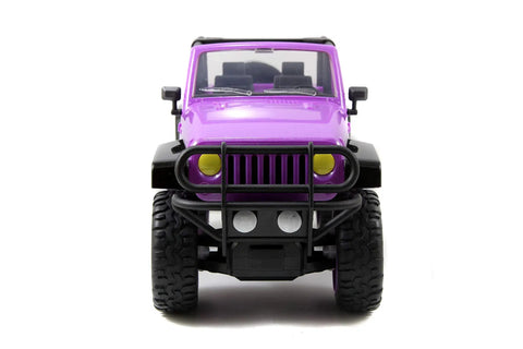 Front view of Jeep Wrangler One Sixteenth Scale RC Car For Kids With 2.4GHz Radio Control And Turbo Boost, purple color