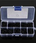Two Pack 500 M3 Black Pan Head Cross Self Tap Wood Screws in clear storage box, dual end locking design, sharp spiral thread