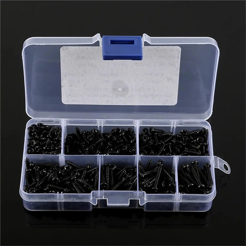 Two Pack 500 M3 Black Pan Head Cross Self Tap Wood Screws in clear storage box, dual end locking design, sharp spiral thread