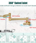 Wall Mount Pot Filler Faucet 19 Inch Folding Stretchable Kitchen Tap In Stainless Steel Brushed Gold showing 360° swivel joint