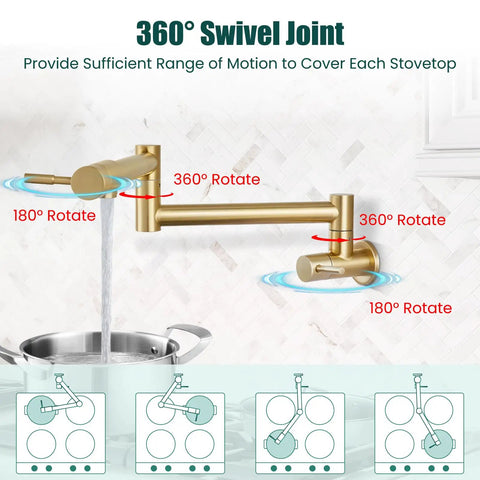 Wall Mount Pot Filler Faucet 19 Inch Folding Stretchable Kitchen Tap In Stainless Steel Brushed Gold showing 360° swivel joint