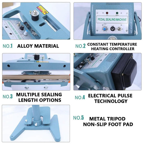 Commercial Foot Pedal Impulse Sealer Makes Your Shop Run Smooth with adjustable heating controller and metal tripod foot pad.