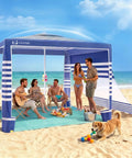 8 X 8 Ft Pop Up Beach Canopy Tent For 6 To 8 People With UPF 50 Plus Sun Protection setup on beach with group enjoying shade