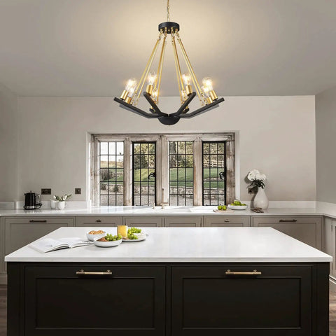 Black Gold 6 Light Farmhouse Chandelier For Dining Room Kitchen Island And Foyer Dope Industrial Iron Lighting Fixture hanging above kitchen island.