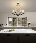 Black Gold Eight Light Farmhouse Chandelier For Dining Room Kitchen Island Foyer And Living Room Rustic Industrial Iron Ceiling Fixture With Modern Rustic Finish In A Dope Bold Black Gold Look Measuring About 67.7 Inches Tall And 31.5 Inches Diameter in kitchen setting