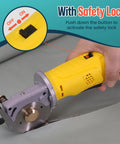 VlOXO Electric Rotary Fabric Cutter With Lightning Fast 2000Rpm Blade, handheld, showing safety lock feature on cutting tool.