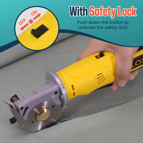 VlOXO Electric Rotary Fabric Cutter With Lightning Fast 2000Rpm Blade, handheld, showing safety lock feature on cutting tool.