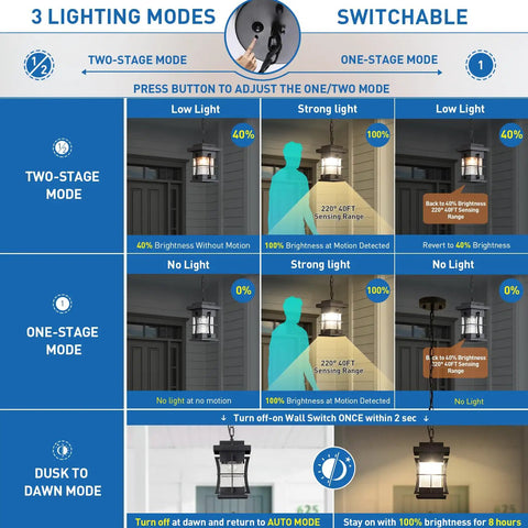 Motion Outdoor Pendant Light With Dusk To Dawn Sensor Exterior Hanging Lantern in Black Finish showing three lighting modes and settings