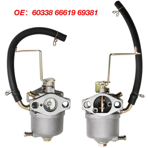 Front and back view of carburetor from Carburetor And Ignition Coil Replacement Kit For Harbor Freight Storm CAT Generators 700 800 900 Watts 2HP 63cc 2 Stroke Easy Install Spark Plug Coil Set Compatible With 60338 66619 69381 PWLE0799 68124 69733