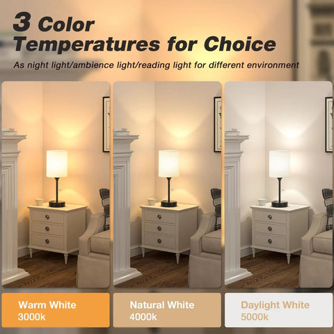 Bedside Table Lamp With 3 Color Temperatures And USB C And USB A Ports, Pull Chain, Built In AC Outlet showing warm, natural, daylight settings